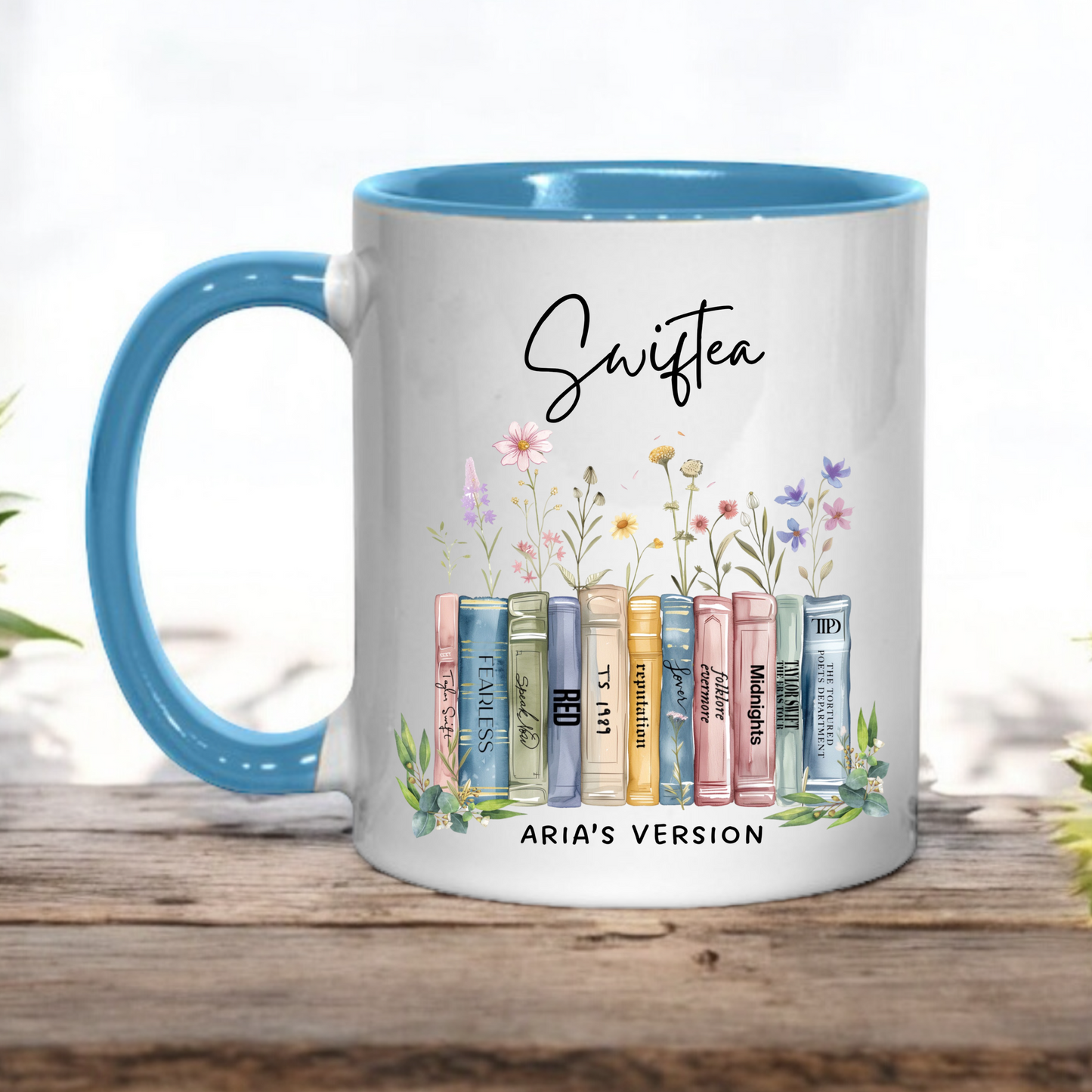 Swiftea albums as books mug with blue handle