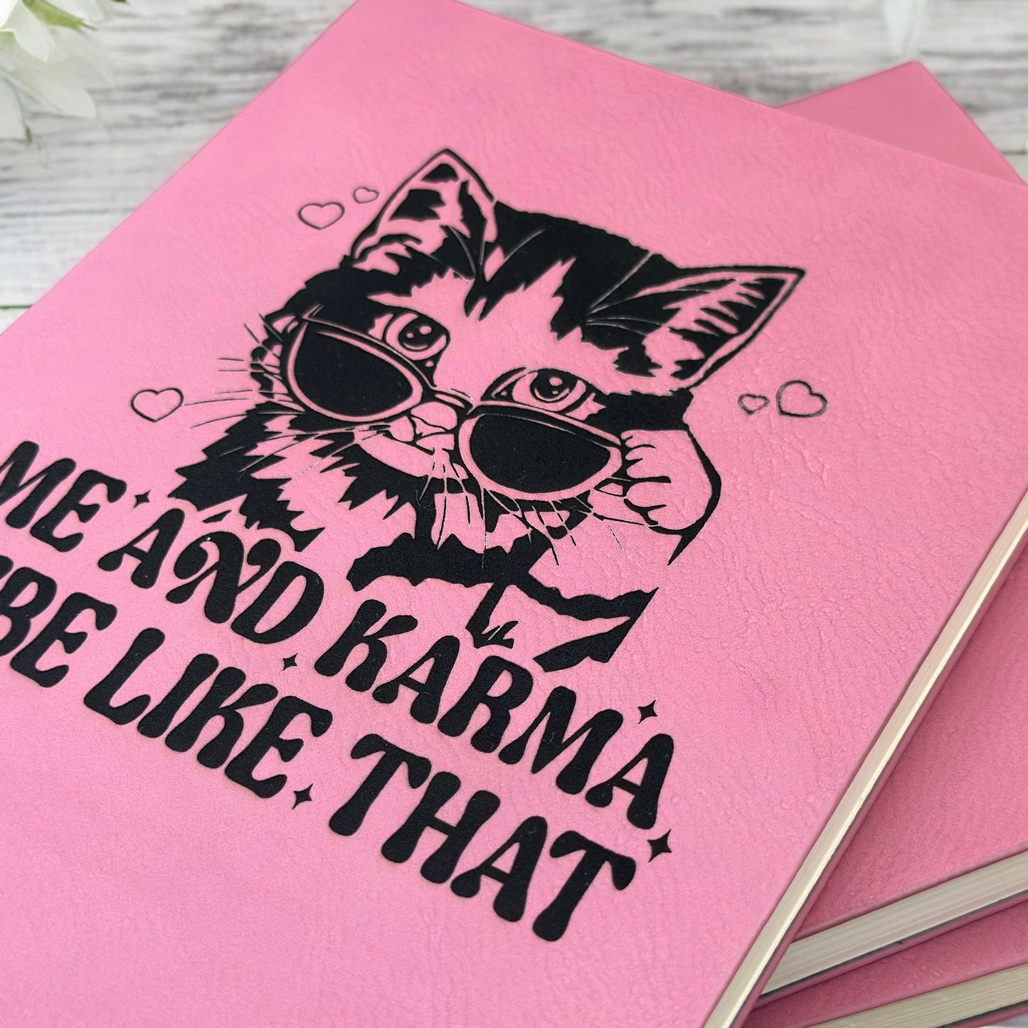 Karma cat laser engraved PU leather lined journal