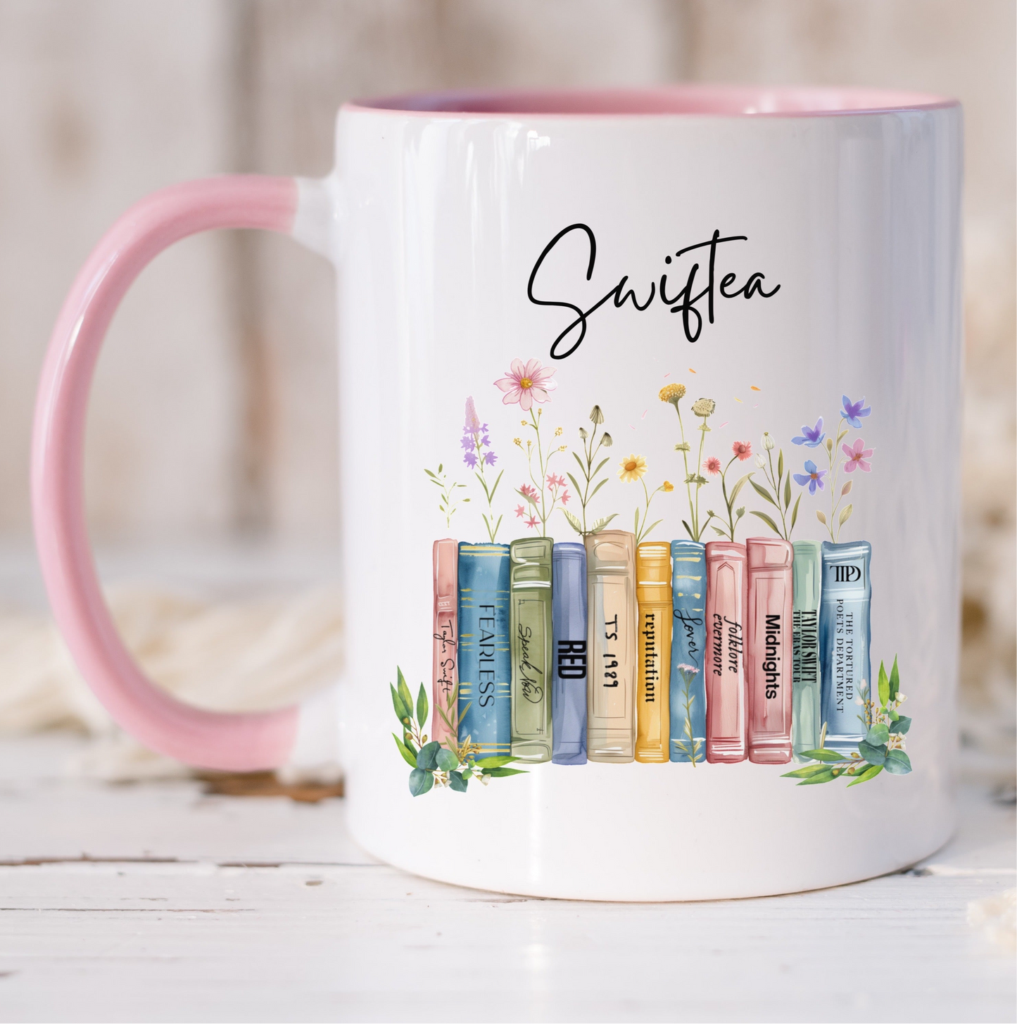 Swiftea albums as books mug with pink handle