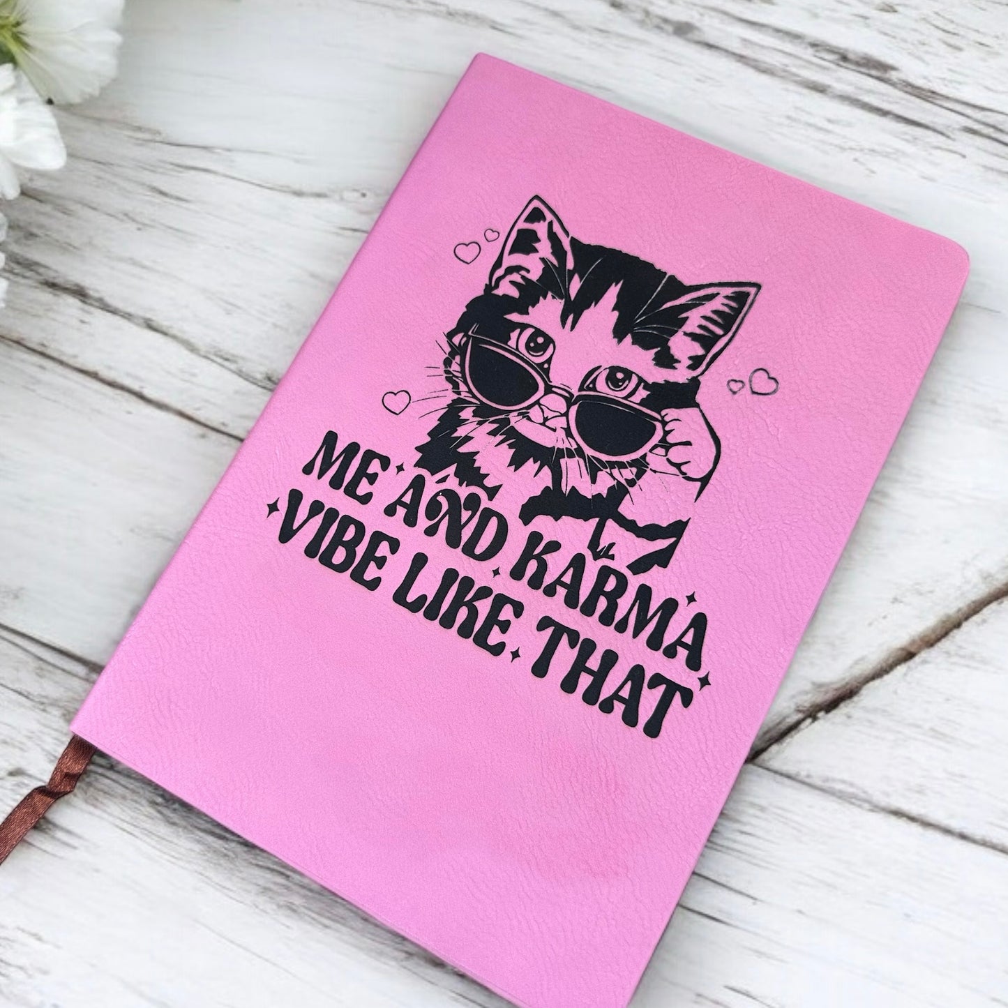 Karma cat laser engraved PU leather lined journal