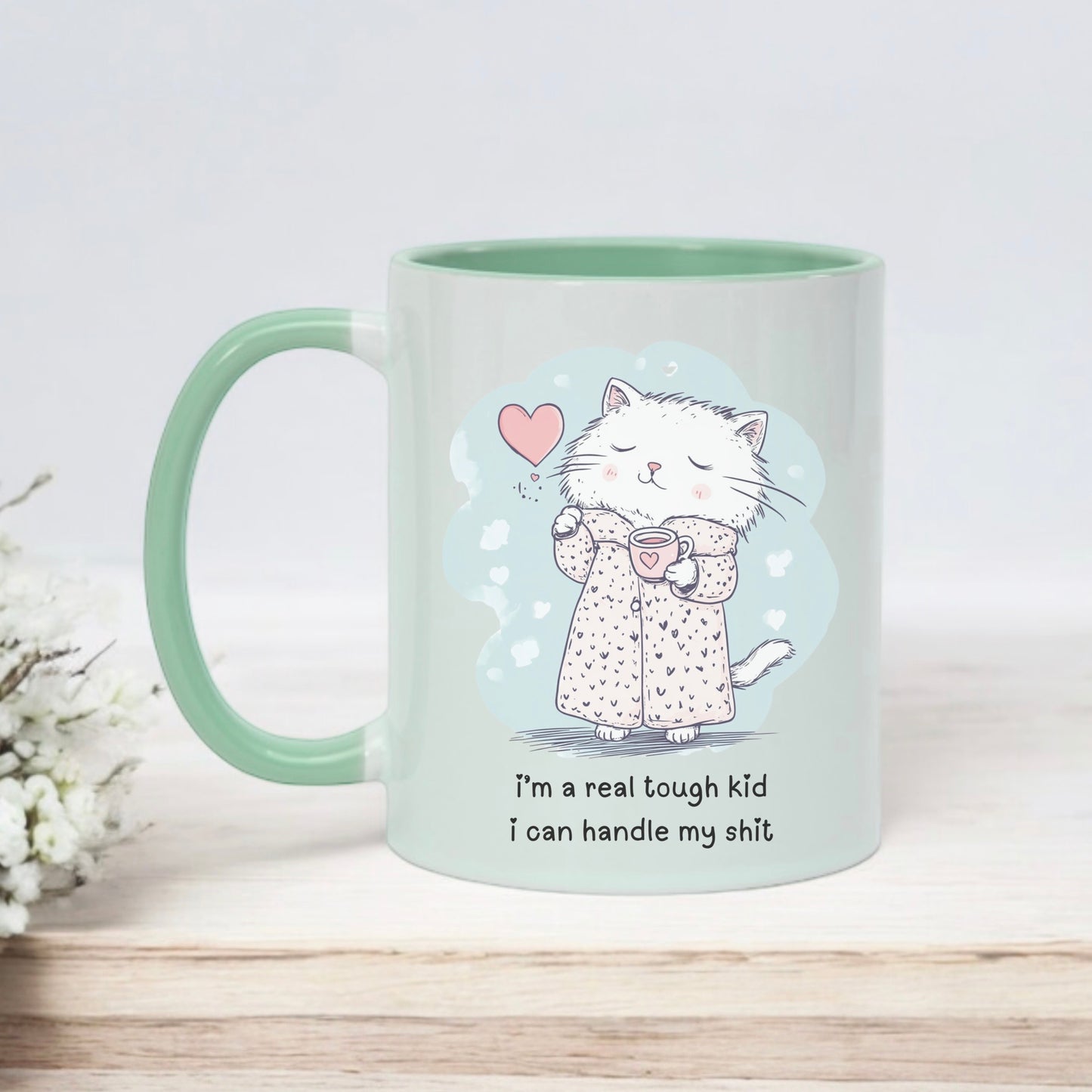 I’m a real tough kid cat mug with lilac handle