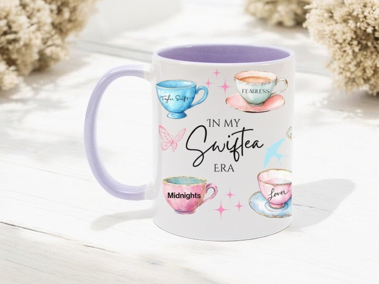 In my Swiftea Era albums as teacups mug with lilac handle