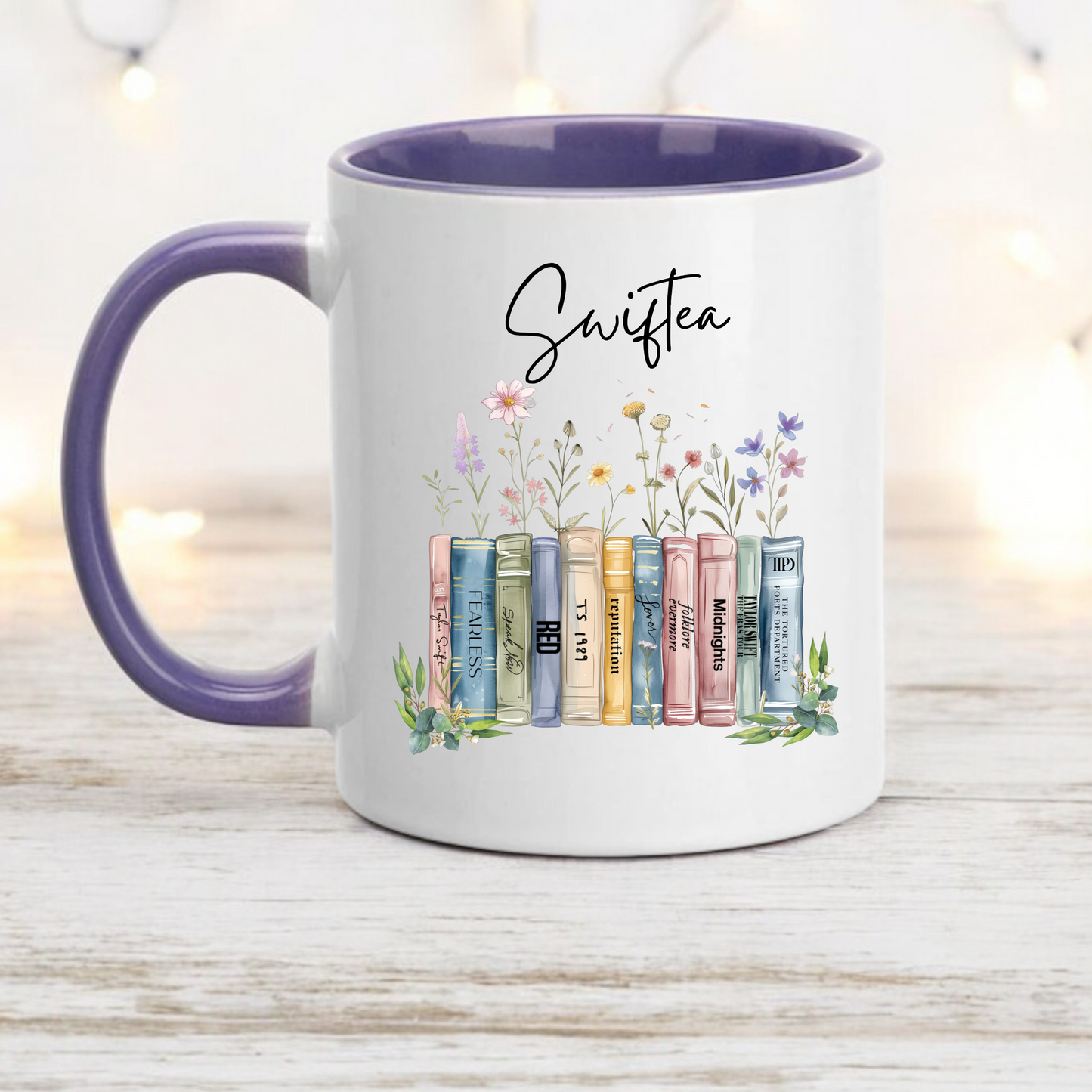 Swiftea albums as books mug with purple handle