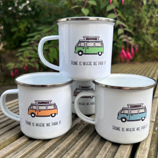 Home is where we park it enamel camping mug