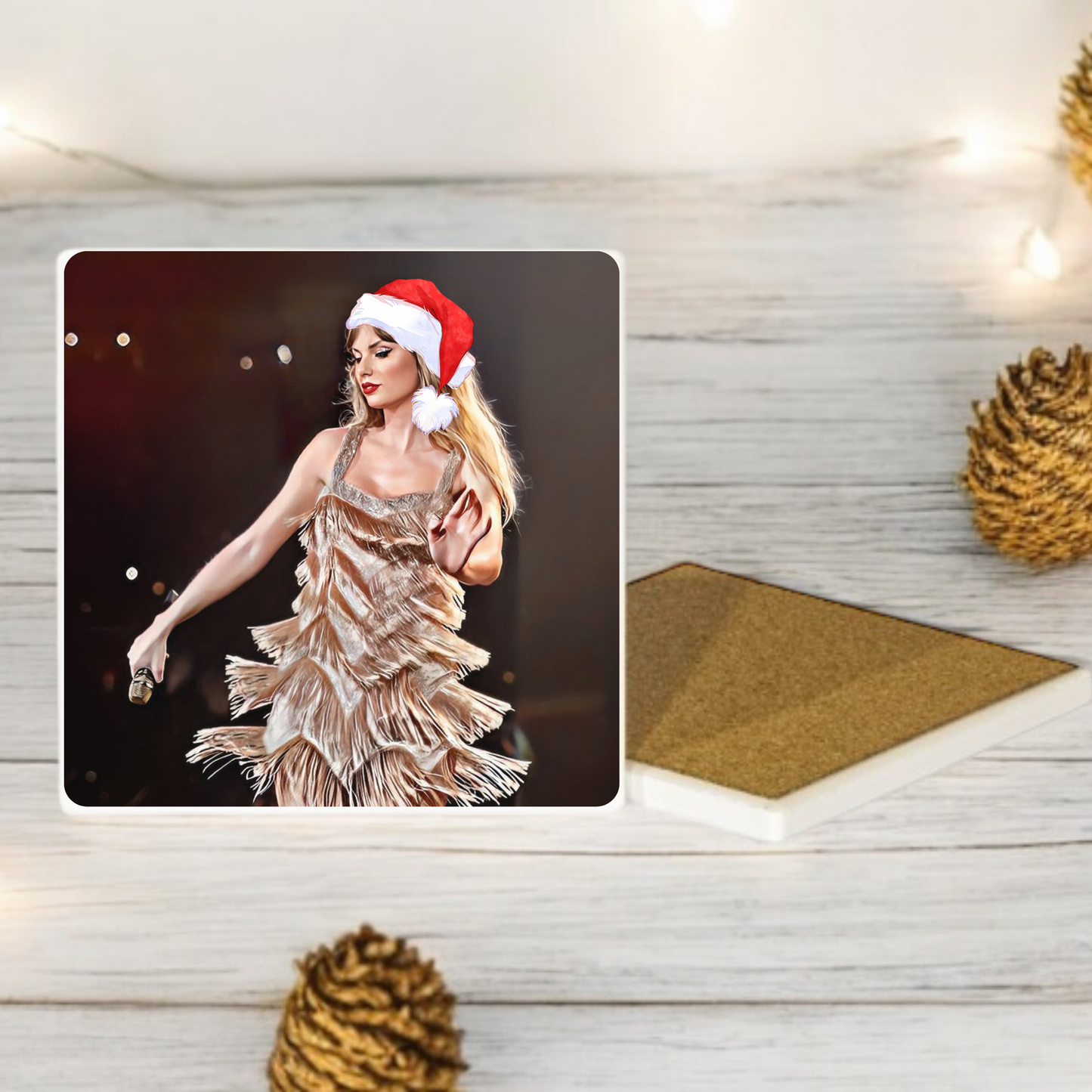 Iconic Gold Dress Festive Taylor square coaster