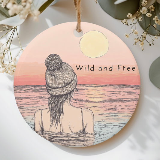 Wild swimming wild and free Ceramic round ornament