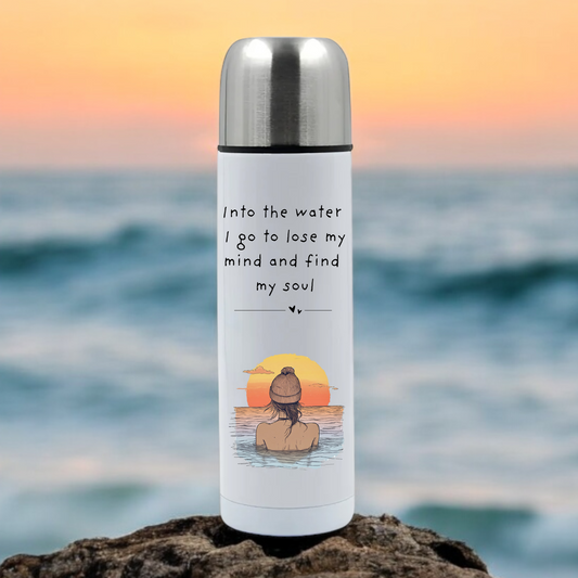 Wild swimming ‘into the water i go’ sunset thermos flask