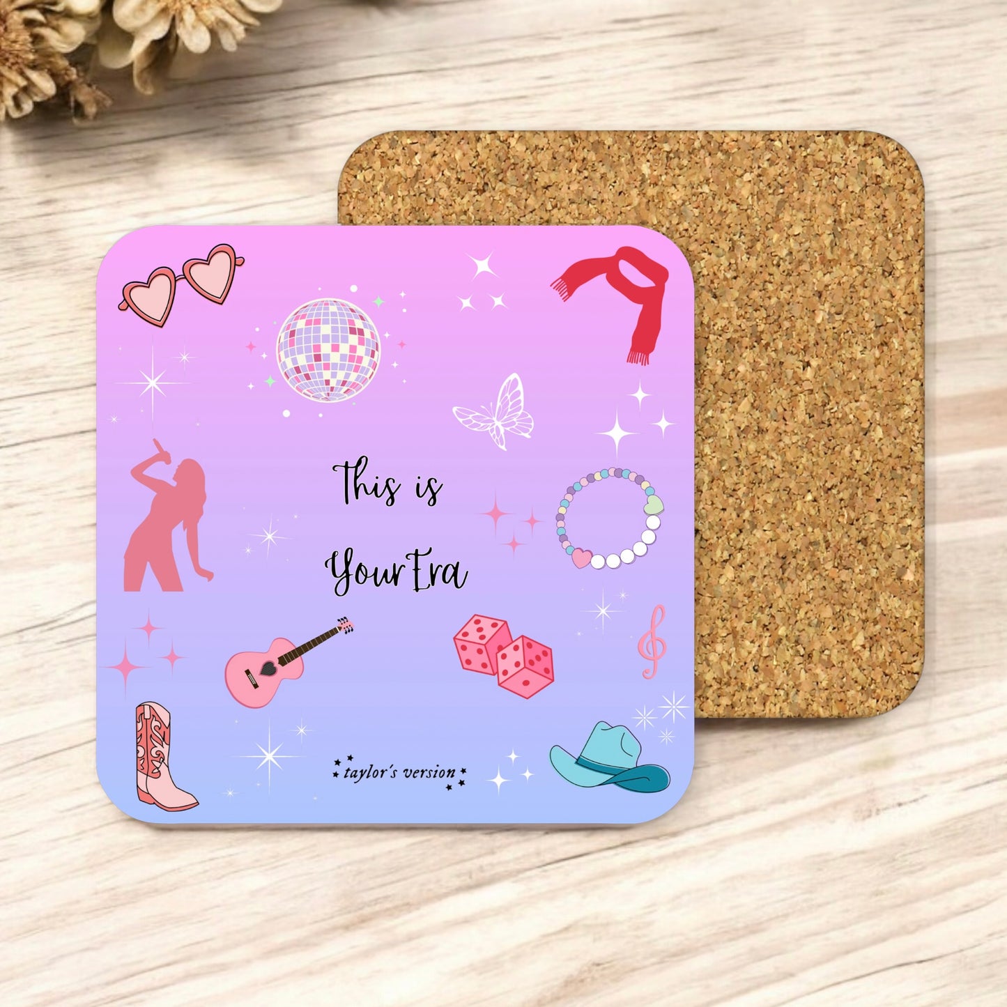 Ombre ‘This is your Era’ pink Taylor square cork coaster