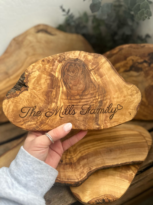 Olive wood serving platter or plaque, laser engraved