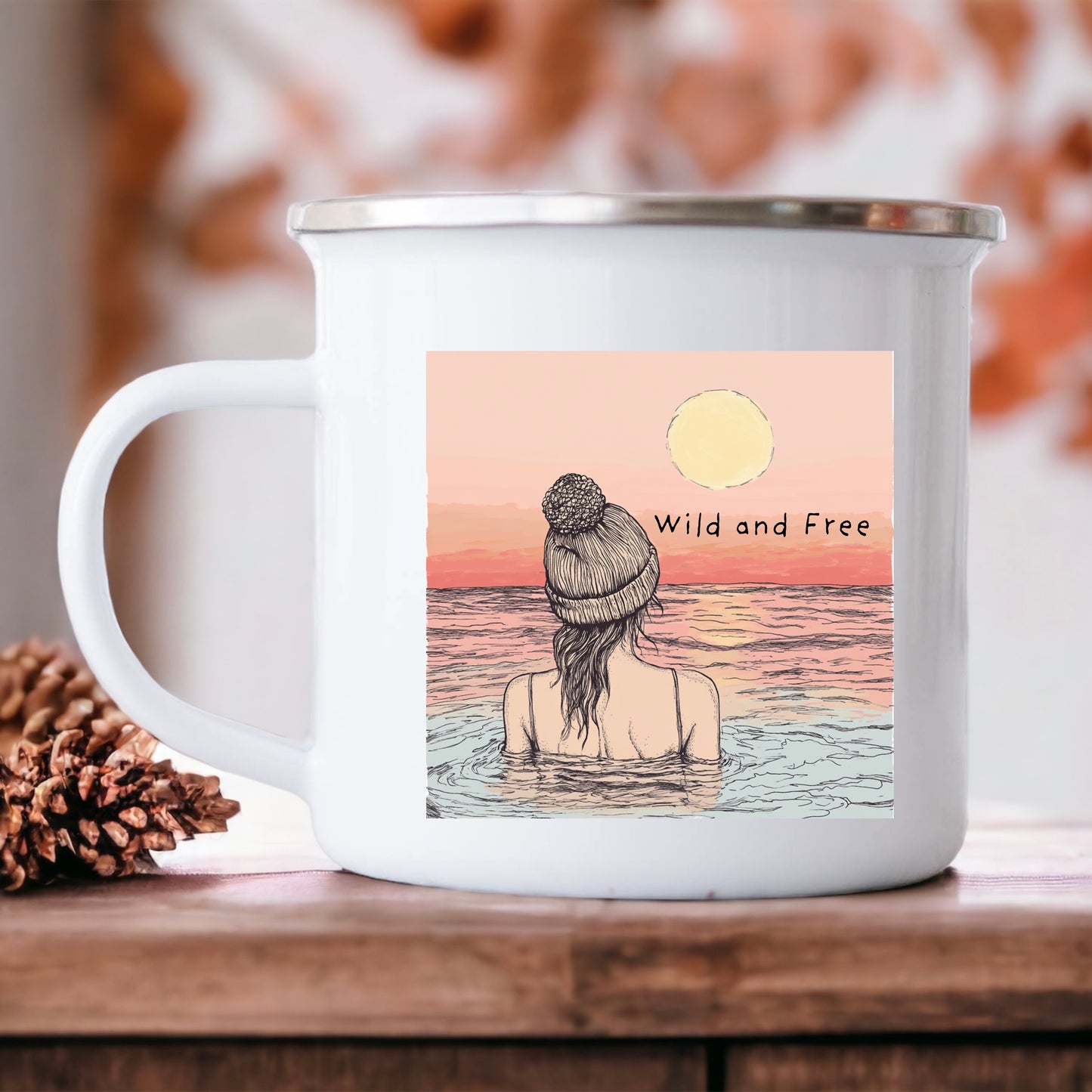 Wild swimming ‘wild and free’ sunset enamel mug