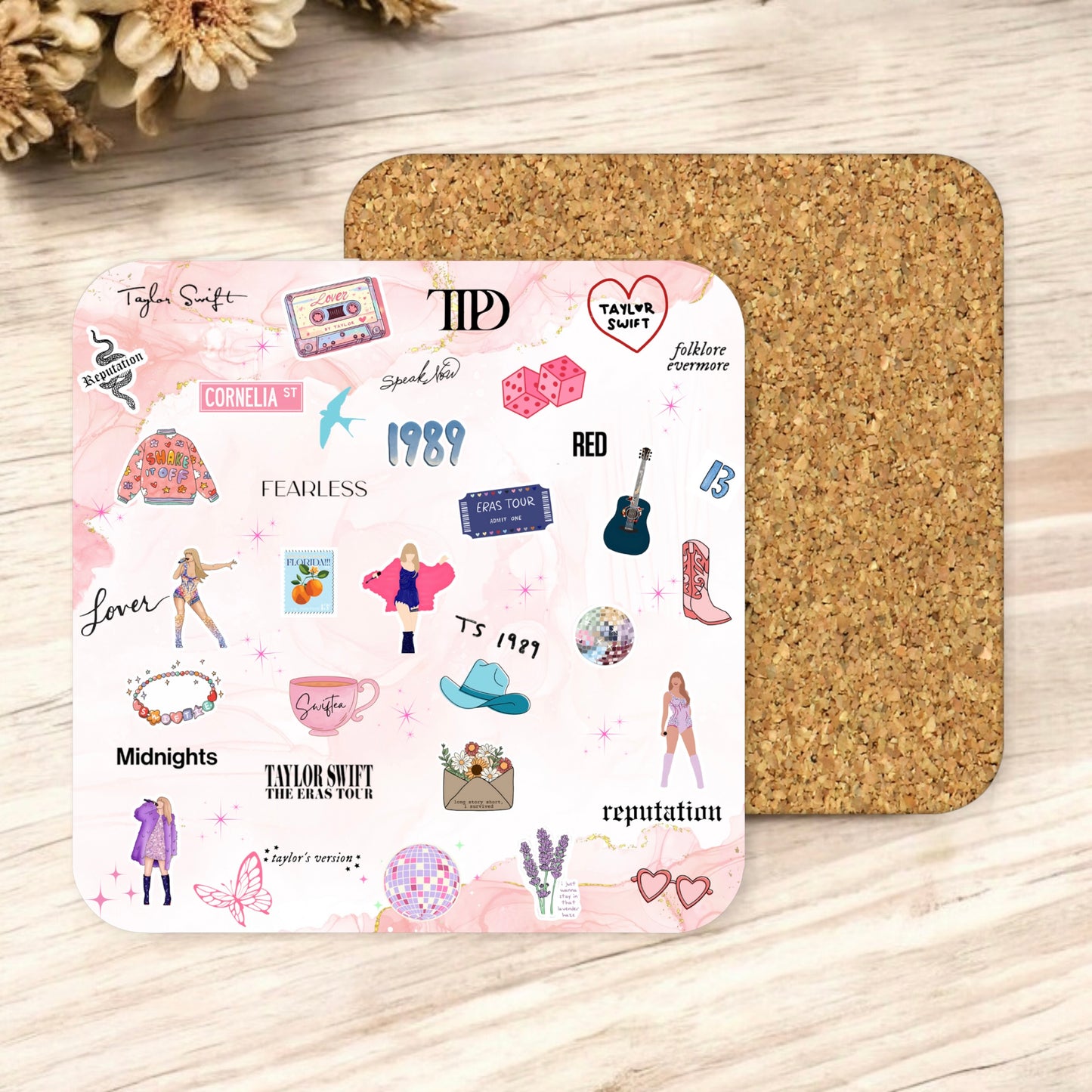 Icons and Eras pink Taylor square cork coaster