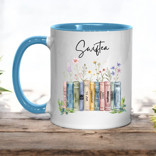Swiftea albums as books mug with blue handle