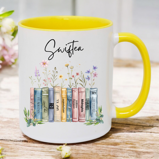 Swiftea albums as books mug with yellow handle