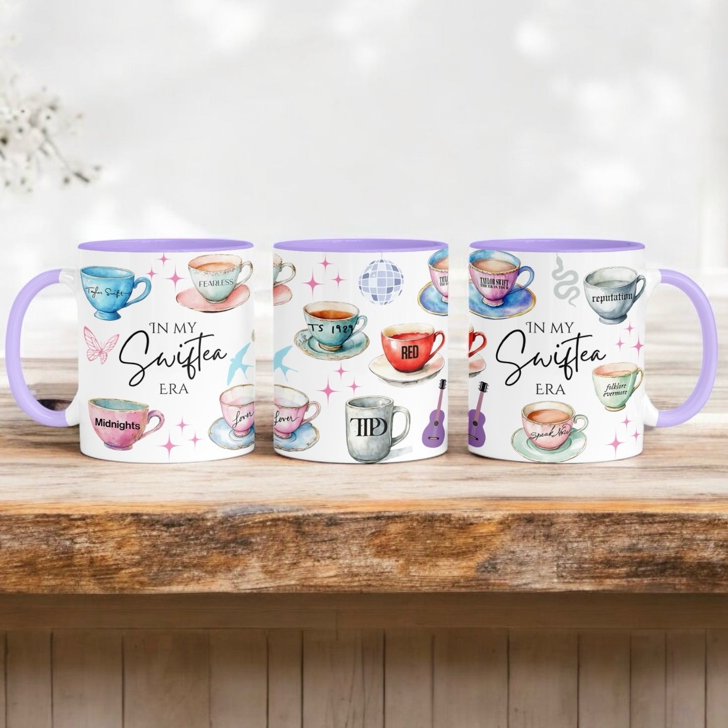 In my Swiftea Era albums as teacups mug with lilac handle