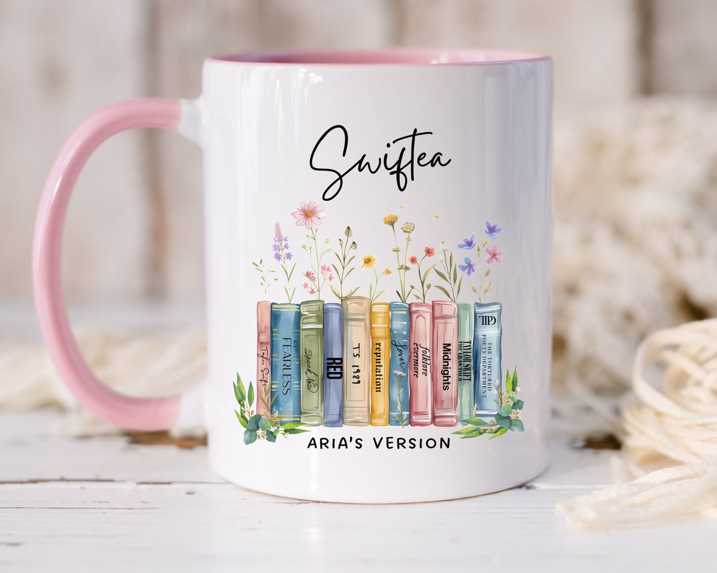 Swiftea albums as books mug with pink handle